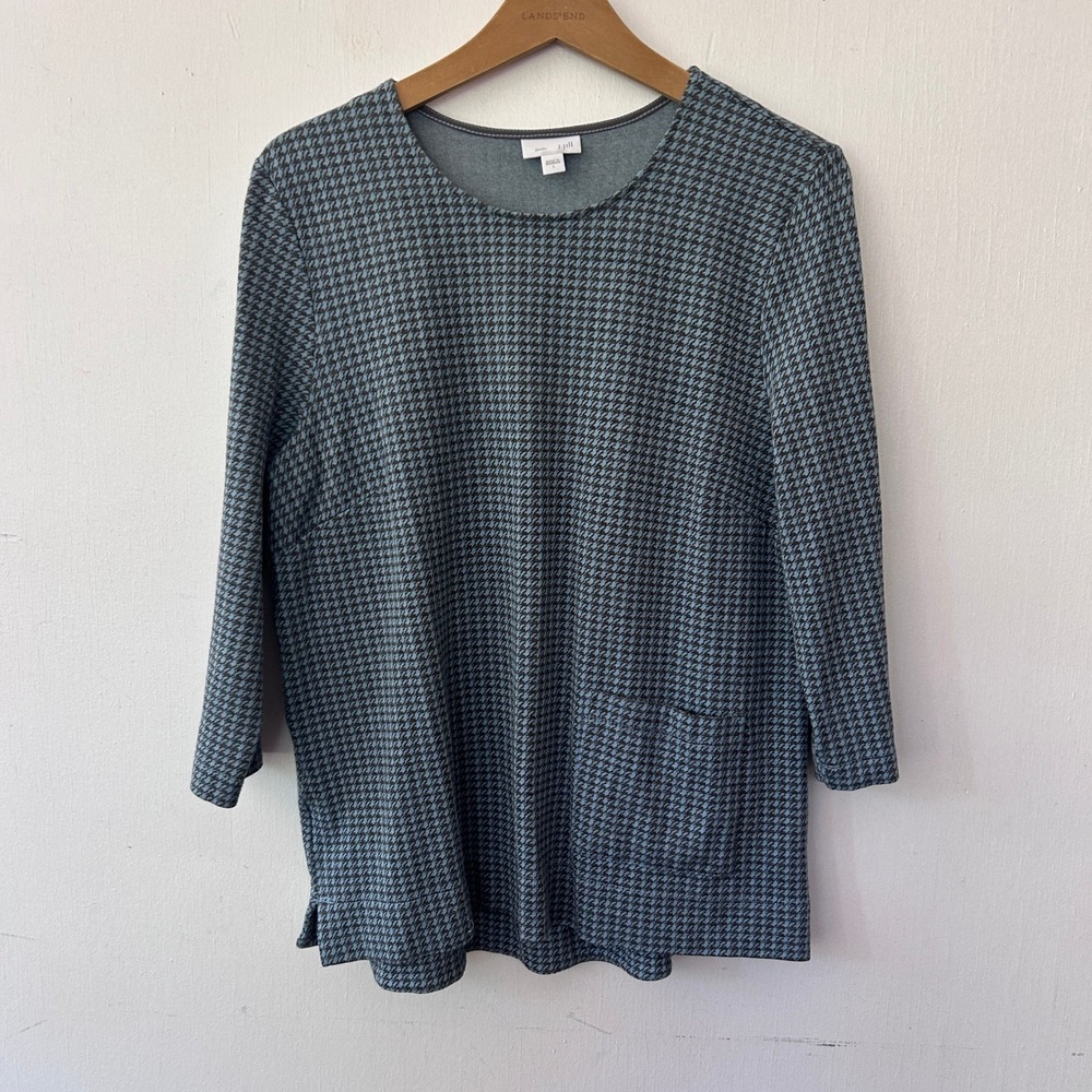 J. Jill Tunic Top Womens L Blue Houndstooth Ponte Knit Pocket Dark Academia